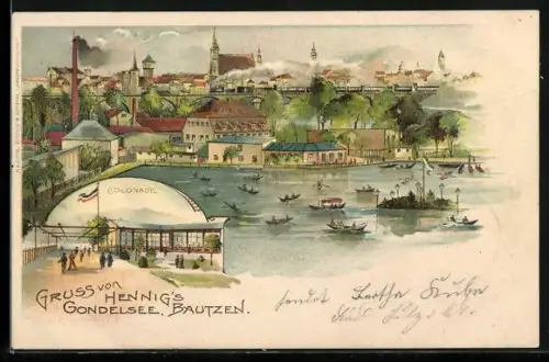 Lithographie Bautzen, Gasthof Hennigs Gondelsee mit Gondeln und Stadtpanorama, Colonnade