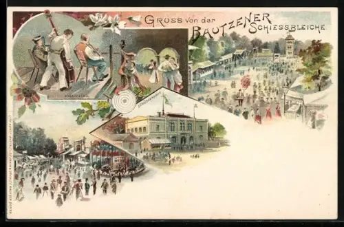 Lithographie Bautzen, Bautzener Schiessbleiche, Schützenhaus, Brummstall