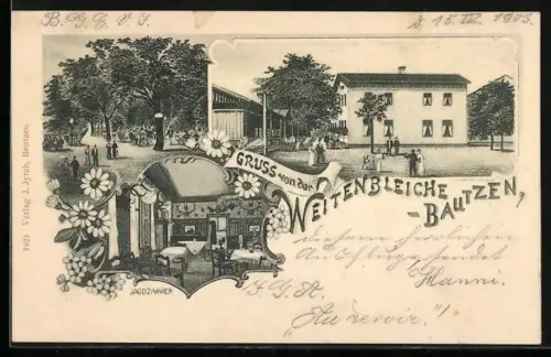 Lithographie Bautzen, Gasthof Weitenbleiche mit Garten und Jagdzimmer