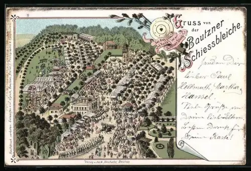 Lithographie Bautzen, Bautzener Schiessbleiche, Festplatz mit Publikum, Gebäude, Karussell, Turm, Schiessscheibe