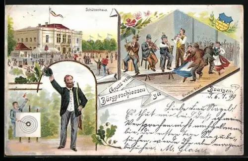 Lithographie Bautzen, Bürgerschiessen, Brumm-Stall, Schützenhaus