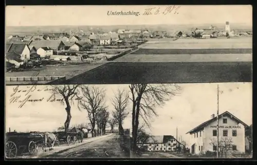 AK Unterhaching, Ortspartie mit Handlung M. Hahn, Ortsansicht mit Feldern, Landstrasse mit Fuhrwerken
