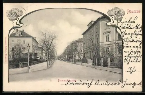 AK Bautzen, Bismarckstrasse mit Blick zum Turm, Ornament-Rahmen mit Blumen