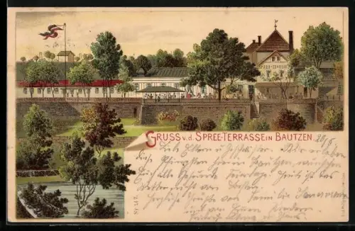 Lithographie Bautzen, Gasthaus Spree-Terrasse, Panorama vom Wasser aus, Uferanlagen