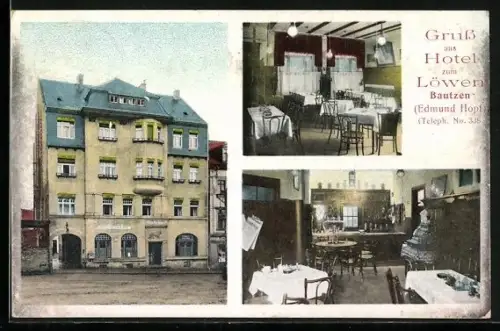 AK Bautzen, Hotel zum Löwen E. Hopf, Gebäude und Innenansichten