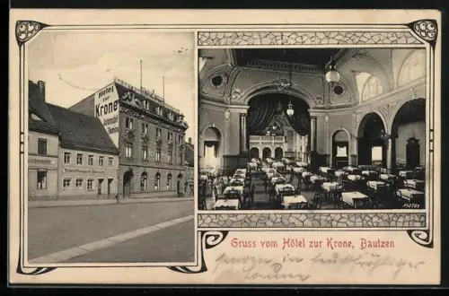 AK Bautzen, Hotel zur Krone mit Strasse, Innenansicht, Ornament-Rahmen