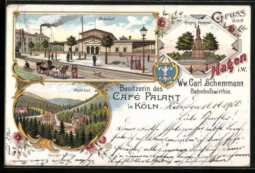 Lithographie Hagen i. W., Bahnhof mit Krieger-Denkmal