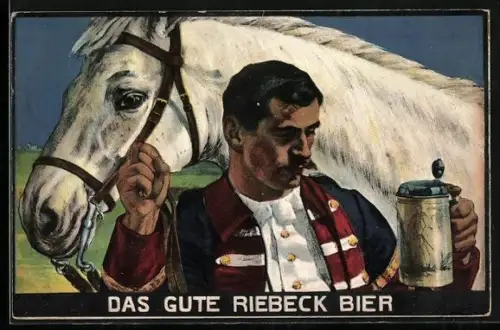 AK Mann hält Pferd am Zügel und einen Krug Riebel-Bier in der Hand