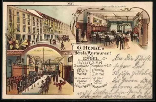 Lithographie Bautzen, Hotel & Restaurant zum Engel v. G. Henke