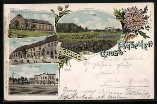 Lithographie Gross-Räschen, Lehnigks Gasthof, Gasthof z. braunen Hirsch, Bahnhof, Turnplatz