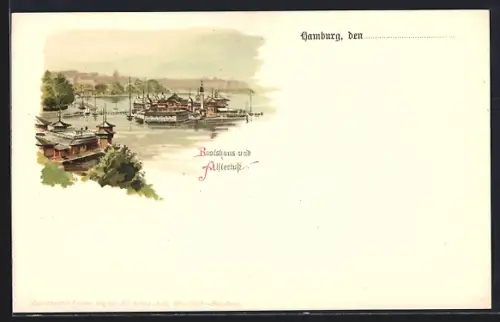Lithographie Hamburg-St.Georg, Bootshaus an der Alster
