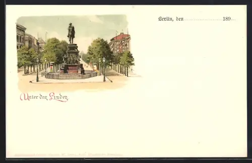 Lithographie Berlin, Unter den Linden, Reiterstandbild