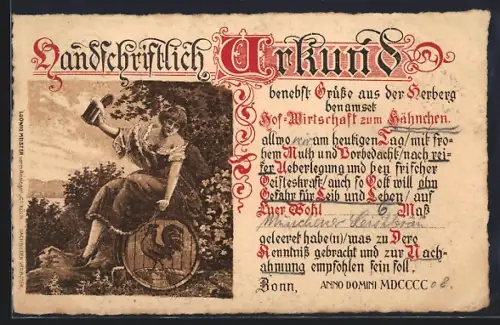 Lithographie Bonn, Urkunde aus der Hof-Wirtschaft zum Hähnchen