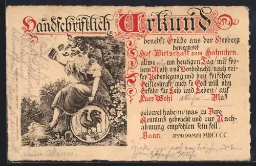 Lithographie Bonn, Urkunder aus der Hof-Wirtschaft zum Hähnchen