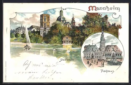 Lithographie Mannheim, Stadtpark, Rathaus