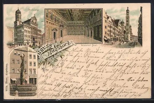 Vorläufer-Lithographie Augsburg, 1895, Rathaus, Goldener Saal, Perlachthurm