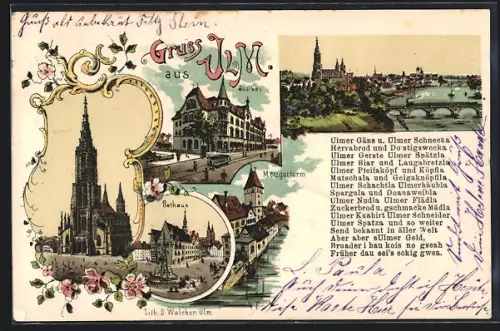 Lithographie Ulm / Donau, Münster, Rathaus, Metzgerthurm