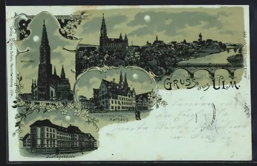 Mondschein-Lithographie Ulm / Donau, Münster, Rathaus, Justizgebäude
