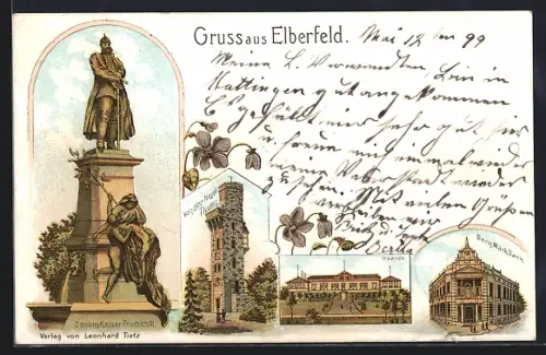 Lithographie Elberfeld, Denkmal Kaiser Friedrich III., Bergisch-Märkische Bank, Heydt Turm, Haardt