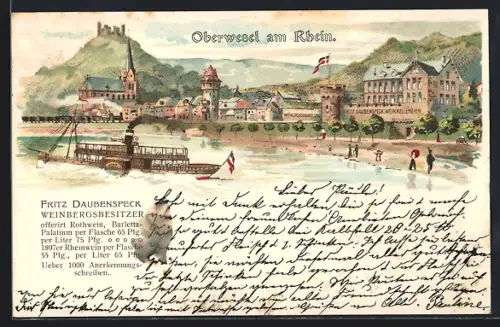 Lithographie Oberwesel am Rhein, Fritz Daubenspeck Weinkellereri am Flussufer