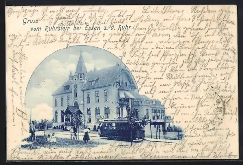 AK Essen a. d. Ruhr, Luftkurhaus Ruhrstein Hotel und Pension, Strassenbahn