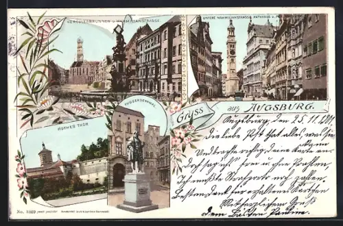 Lithographie Augsburg, Herkulesbrunnen, Maximilianstrasse, Rotes Thor, Fuggerdenkmal