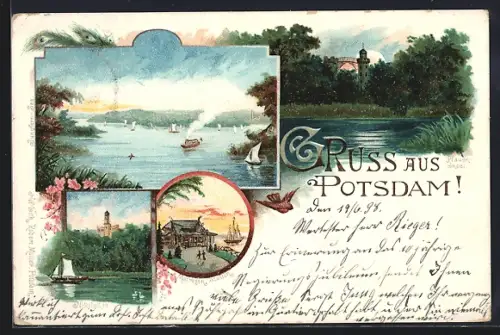 Lithographie Potsdam, Matrosenstation am See, Pfauninsel