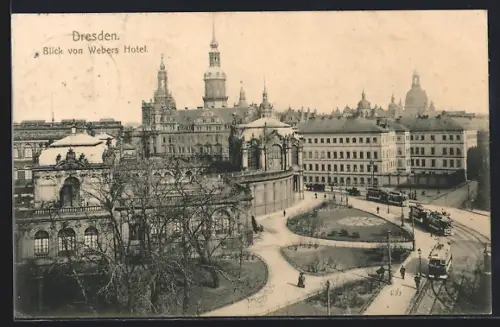 AK Dresden, Blick von Webers Hotel, Strassenbahn