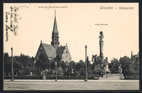 AK Dresden, Stübel-Brunnen, Kirche des Ehrlich`schen Gestifts