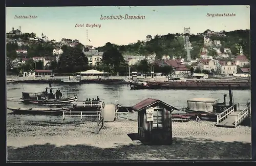 AK Loschwitz-Dresden, Drahtseilbahn, Hotel Burgberg, Bergschwebebahn