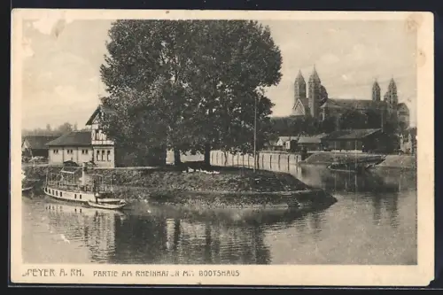 AK Speyer a. Rh., Partie am Rhein mit Bootshaus