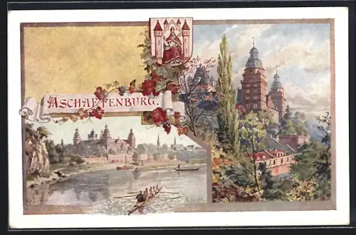 Lithographie Aschaffenburg, Flusspartie mit Booten, Wappen, Schloss