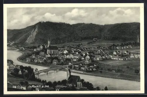 AK Marktl a. Inn, Ortsansicht mit Kirche und Innbrücke