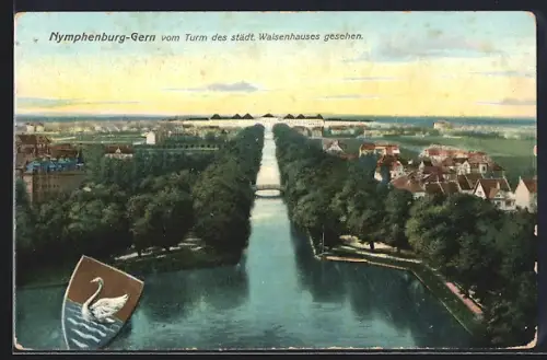 AK Nymphenburg-Gern, Blick vom Turm des städt. Waisenhauses gesehen, Wappen