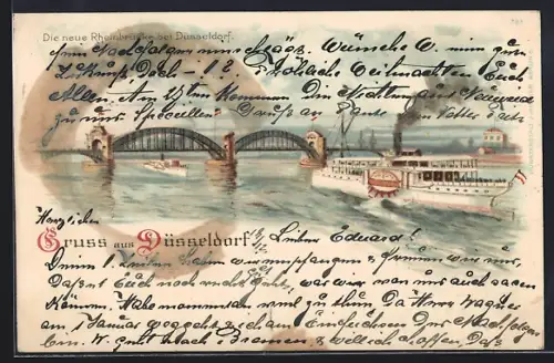 Lithographie Düsseldorf, Neue Rheinbrücke und Dampfschiff