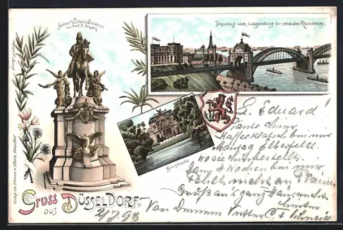 Lithographie Düsseldorf, Kaiser Wilhelm Denkmal, Kunsthalle, Rheinbrücke