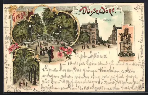 Lithographie Düsseldorf, Elberfeldstrasse, Kaiser Wilhelm-Denkmal, Allee