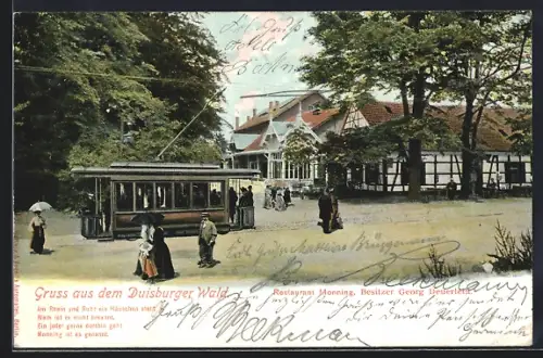 AK Duisburg, Restaurant Monning, Besitzer Georg Deuerlein, Strassenbahn