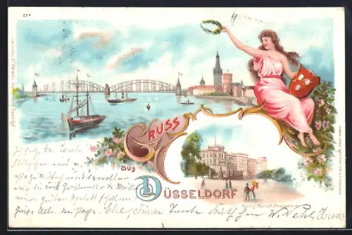 Lithographie Düsseldorf, Rheinbrücke mit Schiffen