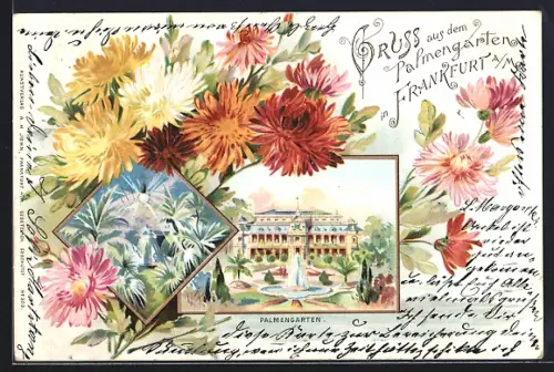 Lithographie Frankfurt-Westend, Palmengarten mit Springbrunnen