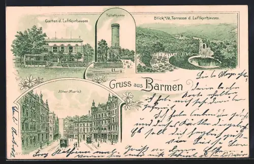 Lithographie Barmen, Garten d. Luftkurhauses, Tölleturm, Alter Markt
