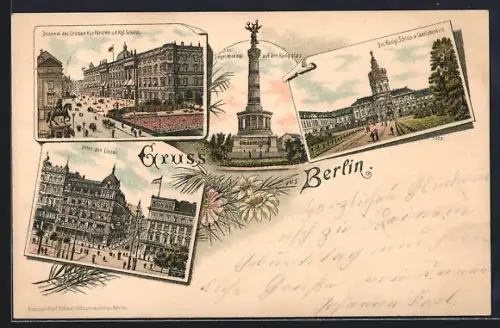 Lithographie Berlin, Unter den Linden, Siegessäule, Königliches Schloss in Charlottenburg