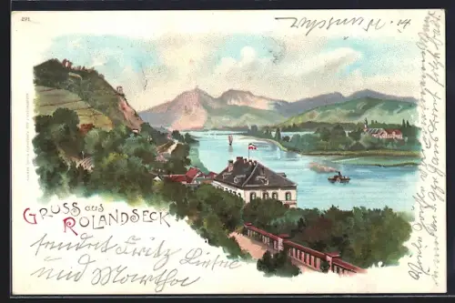 Lithographie Rolandseck, Blick auf Rhein