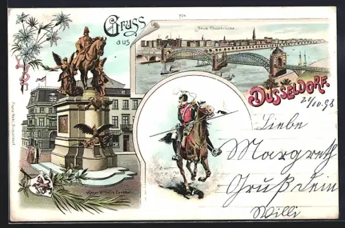 Lithographie Düsseldorf, Kaiser Wilhelm-Denkmal, Neue Rheinbrücke