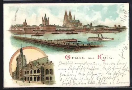 Lithographie Köln, Rathaus, Flusspartie mit Dampfer