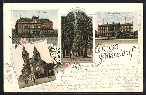 Lithographie Düsseldorf, Ständehaus, Justizgebäude, Jesuitenkirche