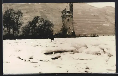 Foto-AK Bingen /Rhein, Zugefrorener Rhein am Mäuseturm 1929