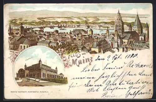 Lithographie Mainz, Stadthalle und Blick über den Ort