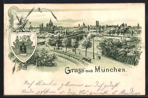 Lithographie München, Stadtansicht mit Stadtwappen