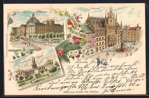 Lithographie München, Rathaus, Justizpalast, Ruhmeshalle Bavaria